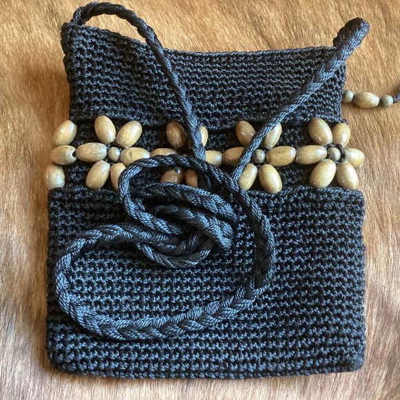 Emanuel Geraldo Handbags - Emanuel Geraldo Black Crochet Wood Bead Boho Handbag
